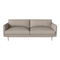 Beige modern sofa with sleek, minimalist design and soft textured fabric, complemented by silver metal legs.