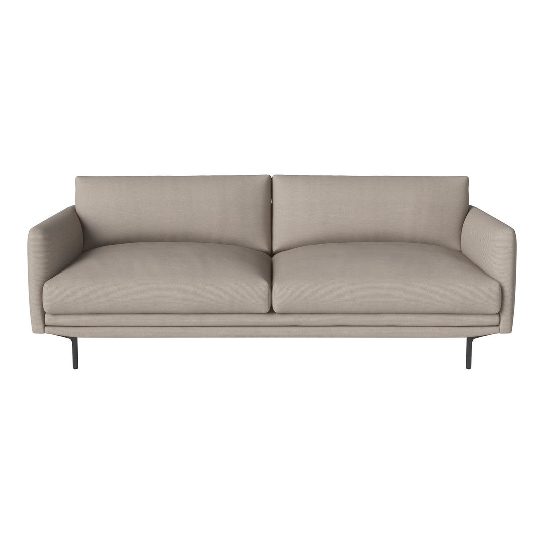 Beige fabric sofa with a smooth, minimalist design and sleek black metal legs. Perfect for modern decor.