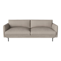 Beige fabric sofa with a smooth, minimalist design and sleek black metal legs. Perfect for modern decor.