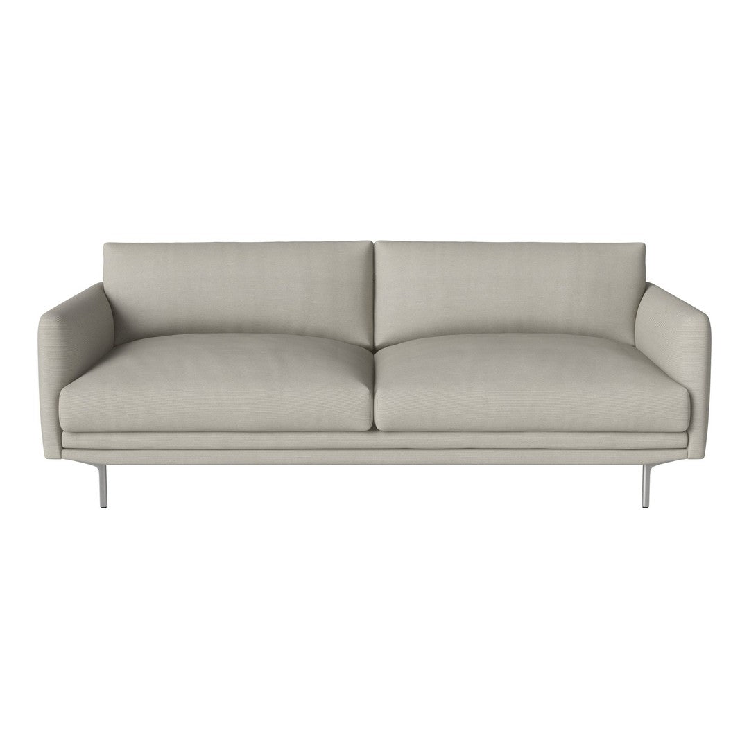 Light gray sofa with a minimalist design and smooth fabric texture, featuring clean lines and sturdy metal legs.