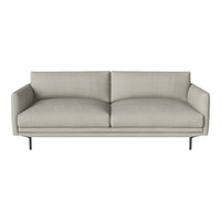 Light gray upholstered sofa with a minimalist design and solid black metal legs. Modern and versatile for any decor.