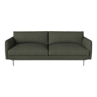 Sleek dark green fabric sofa with clean lines and a minimalist design, featuring smooth cushions and metallic legs.