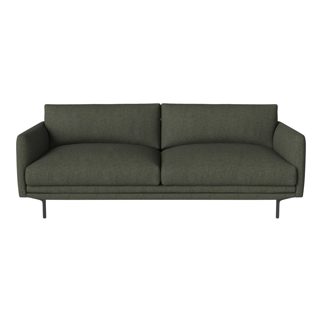 Olive green fabric sofa with sleek, modern design and subtle texture. Perfect for contemporary living spaces.