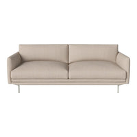 Beige fabric sofa with a minimalist design and smooth upholstery on sleek metal legs. Ideal for modern decor.