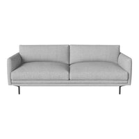 Gray fabric sofa with smooth upholstery and minimalist design, featuring clean lines and a modern aesthetic.
