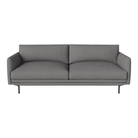 Modern gray sofa with smooth fabric and minimalistic design, featuring sleek lines and no visible patterns.