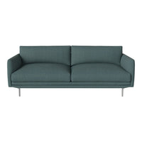 Teal upholstered sofa with a smooth, textured pattern and sleek silver legs, perfect for modern living spaces.