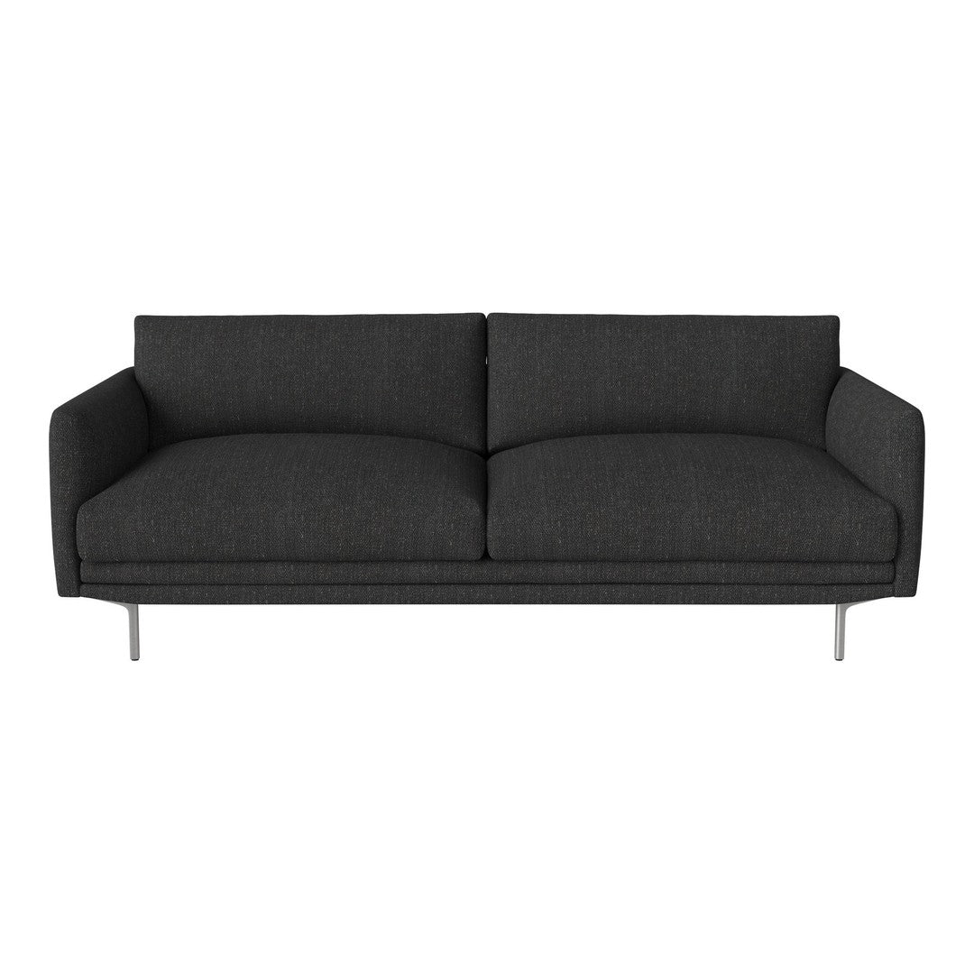 Stylish dark gray sofa with smooth upholstery and minimalist design, featuring clean lines and a modern aesthetic.