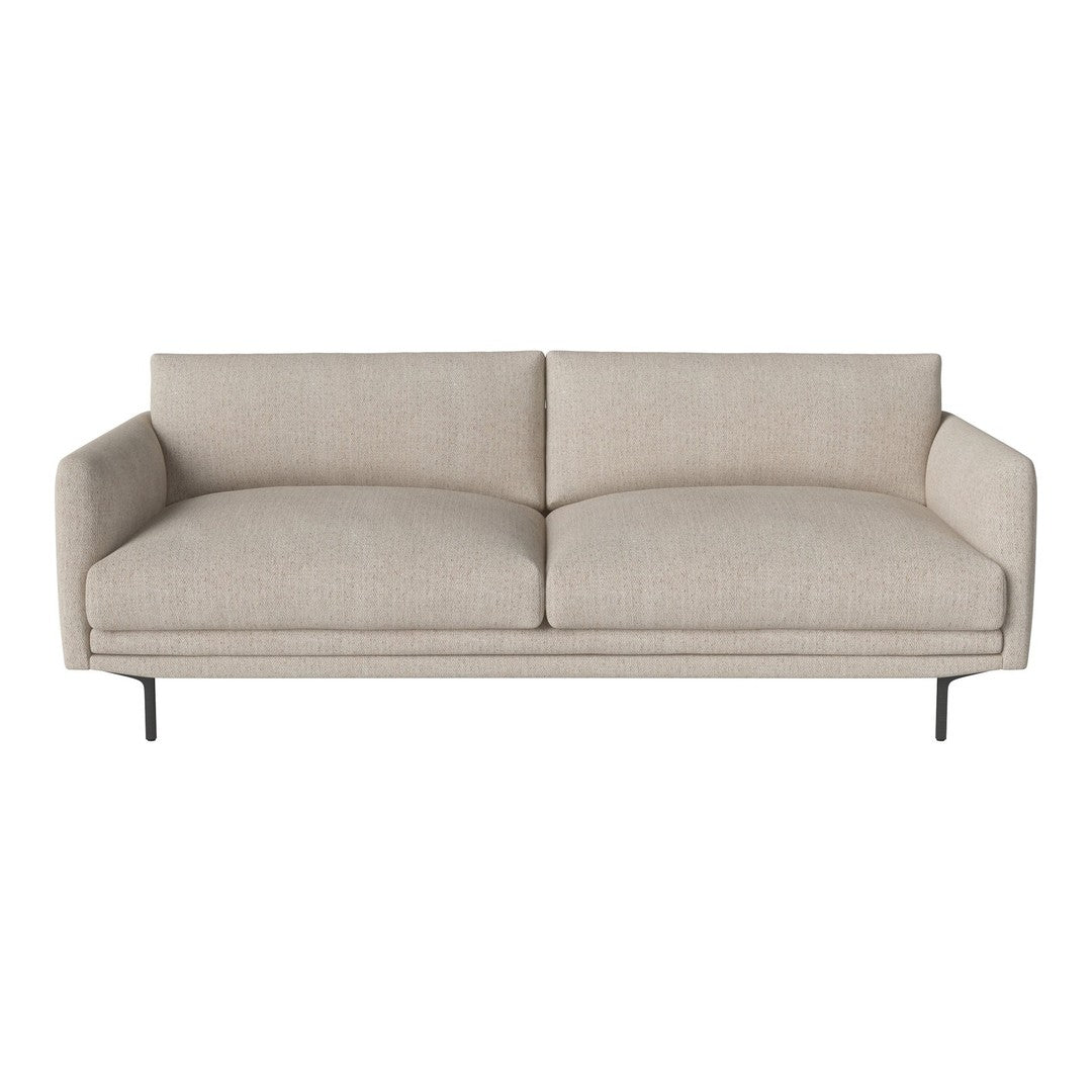 Light beige, minimalist modern couch with smooth upholstery and sleek black legs, perfect for contemporary decor.