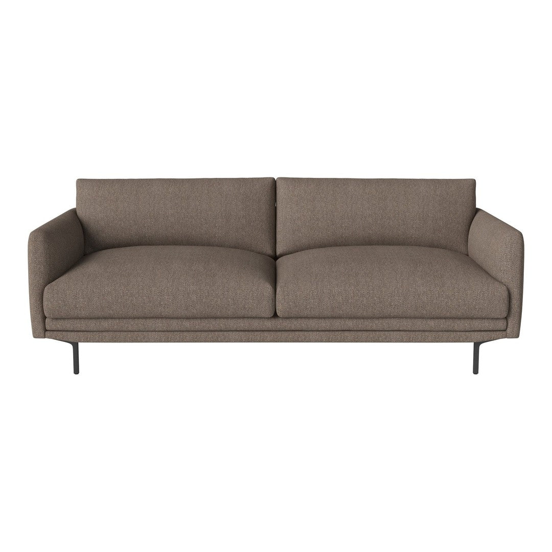 Modern brown fabric sofa with smooth, minimalist design and sleek black metal legs. Perfect for contemporary interiors.