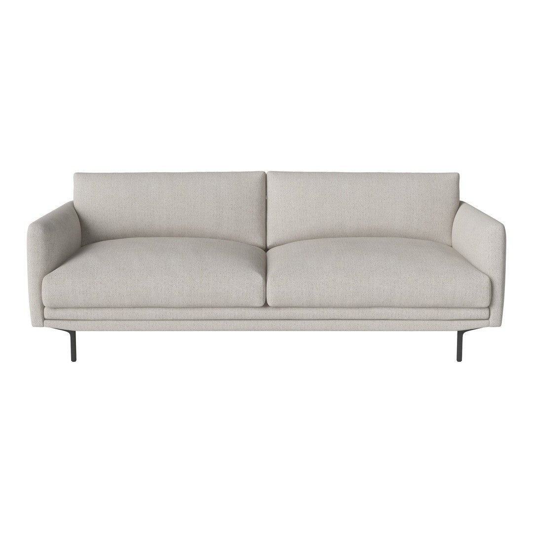Light gray sofa with a minimalist design and smooth, solid fabric pattern on tapered legs.
