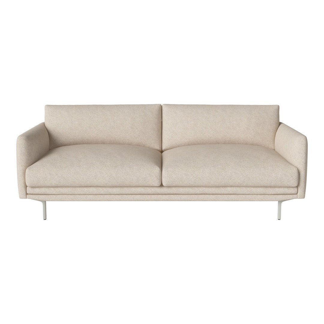 Beige upholstered sofa with clean lines and smooth texture, featuring a minimalist design and metal legs.