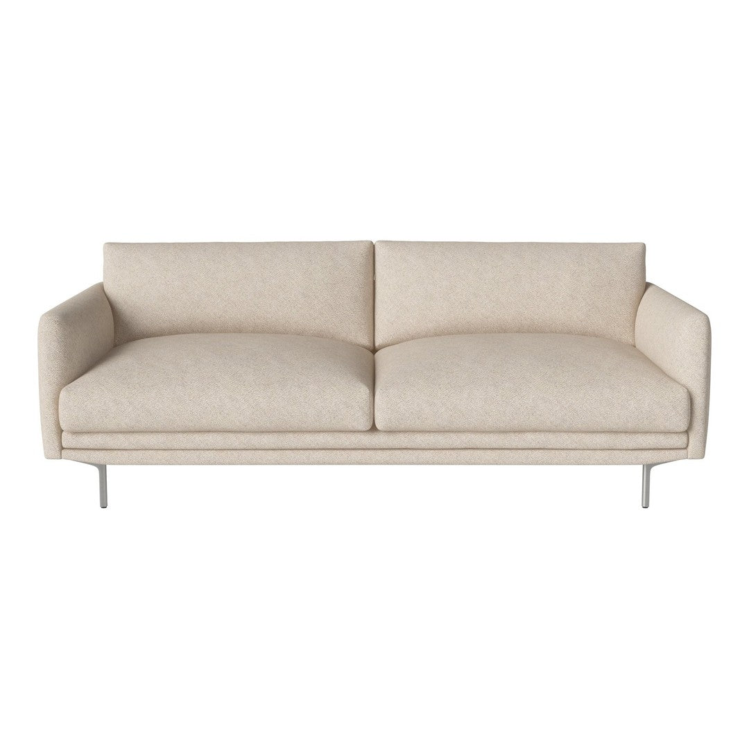 Beige upholstered sofa with a minimalist design and soft, smooth fabric texture. Ideal for modern living spaces.