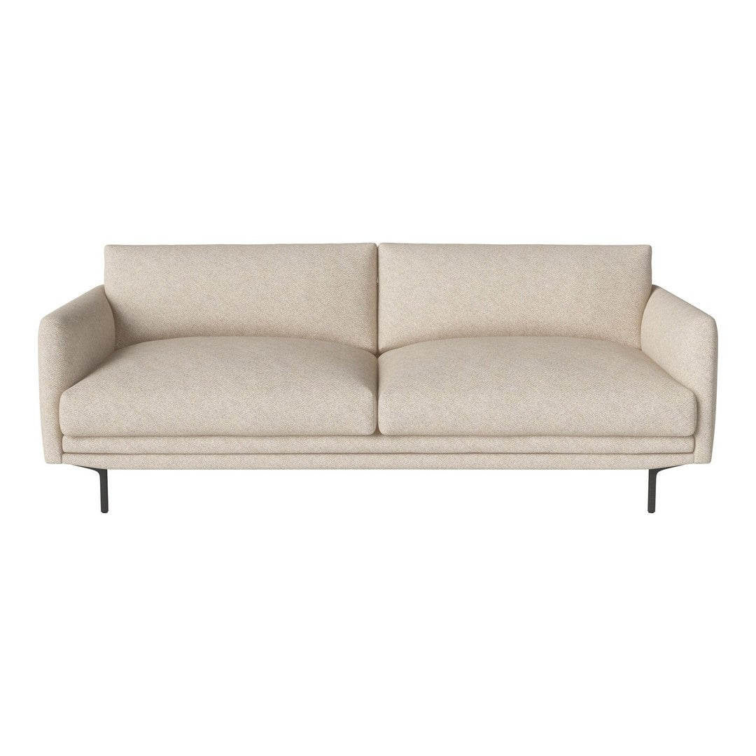 Neutral beige sofa with a smooth fabric surface and minimalist design, featuring black metal legs. Perfect for modern decor.