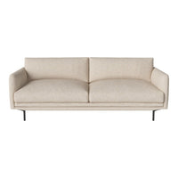 Neutral beige sofa with a smooth fabric surface and minimalist design, featuring black metal legs. Perfect for modern decor.