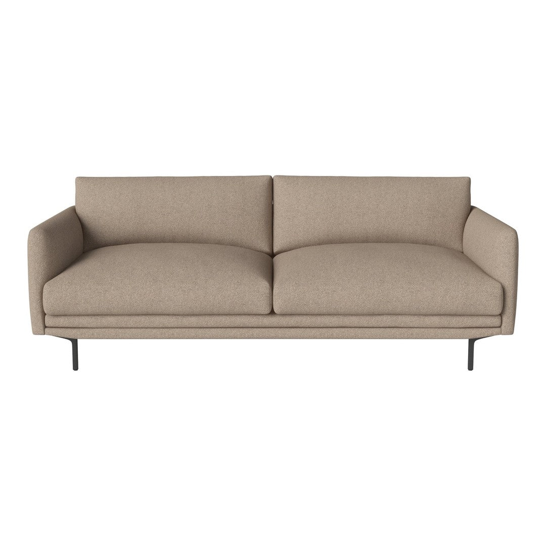 Beige upholstered sofa with a minimalist design and smooth texture, featuring two plush cushions and sleek black legs.