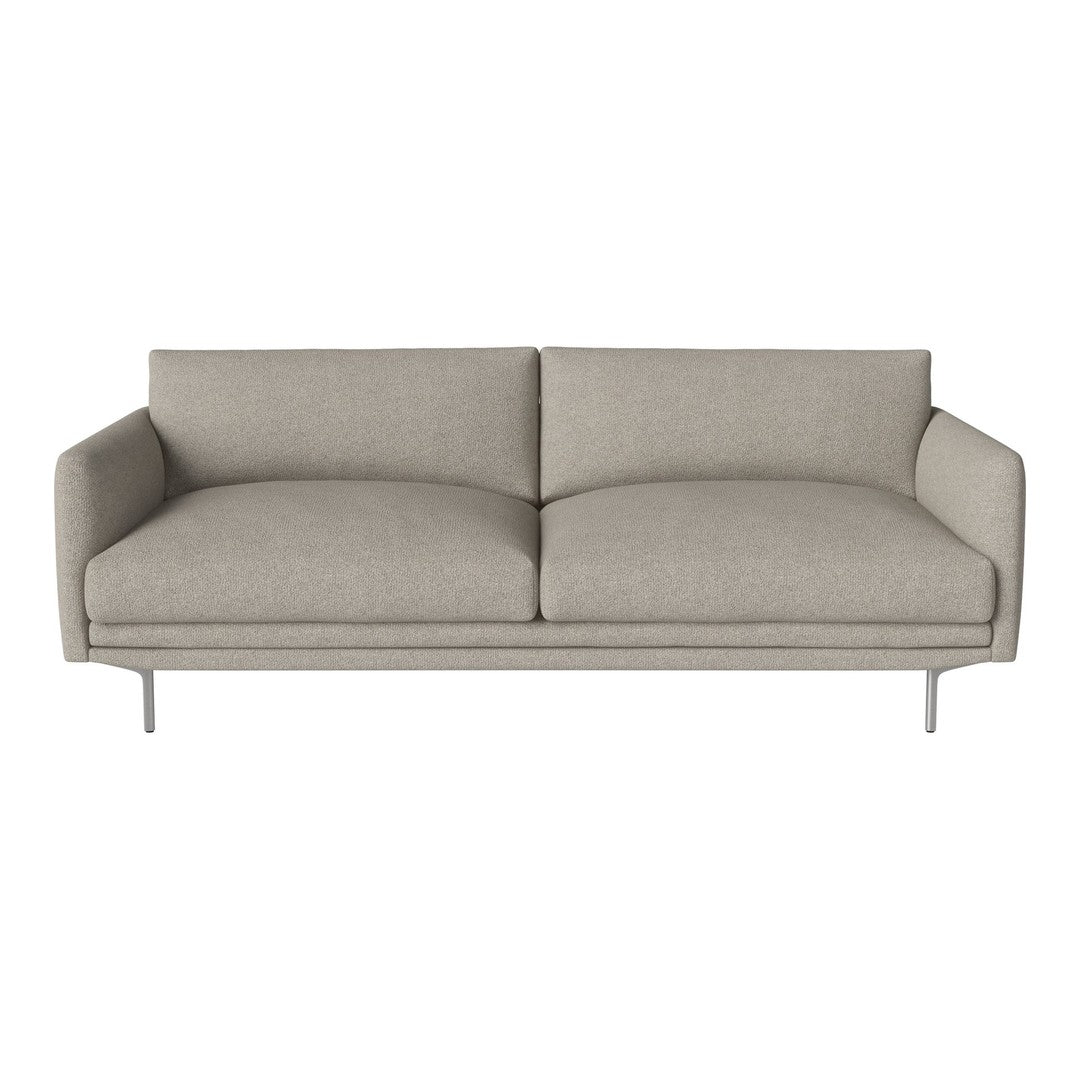 Light gray upholstered sofa with sleek lines and minimalist design, featuring a solid color and no patterns.