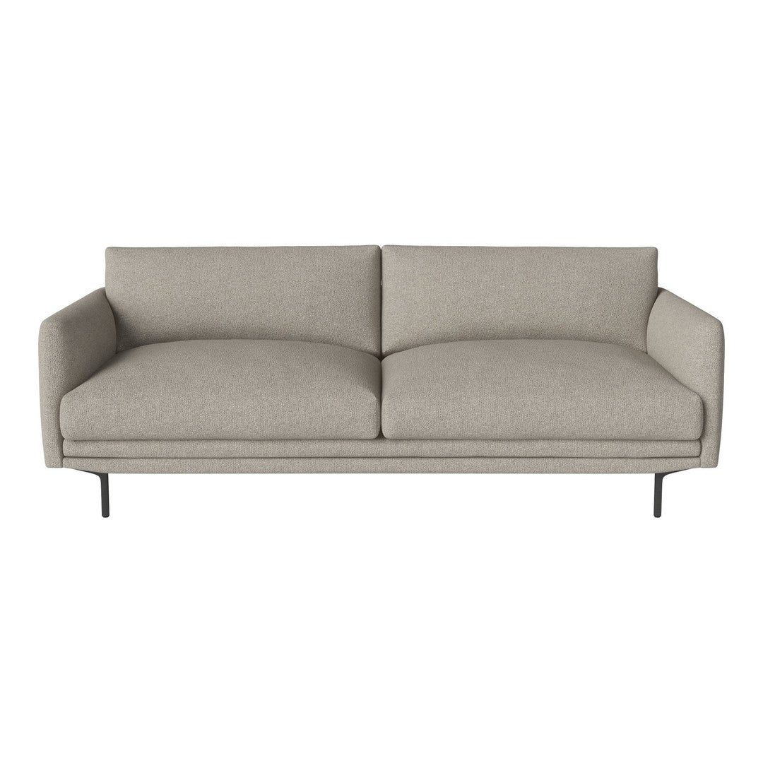 Light gray, smooth fabric sofa with a minimalist design and black metal legs, perfect for modern interiors.