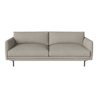 Light gray, smooth fabric sofa with a minimalist design and black metal legs, perfect for modern interiors.