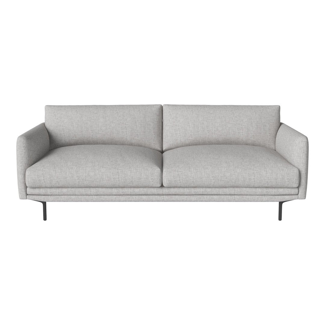 Light gray upholstered sofa with a smooth texture and minimalist design, featuring subtle stitching details.