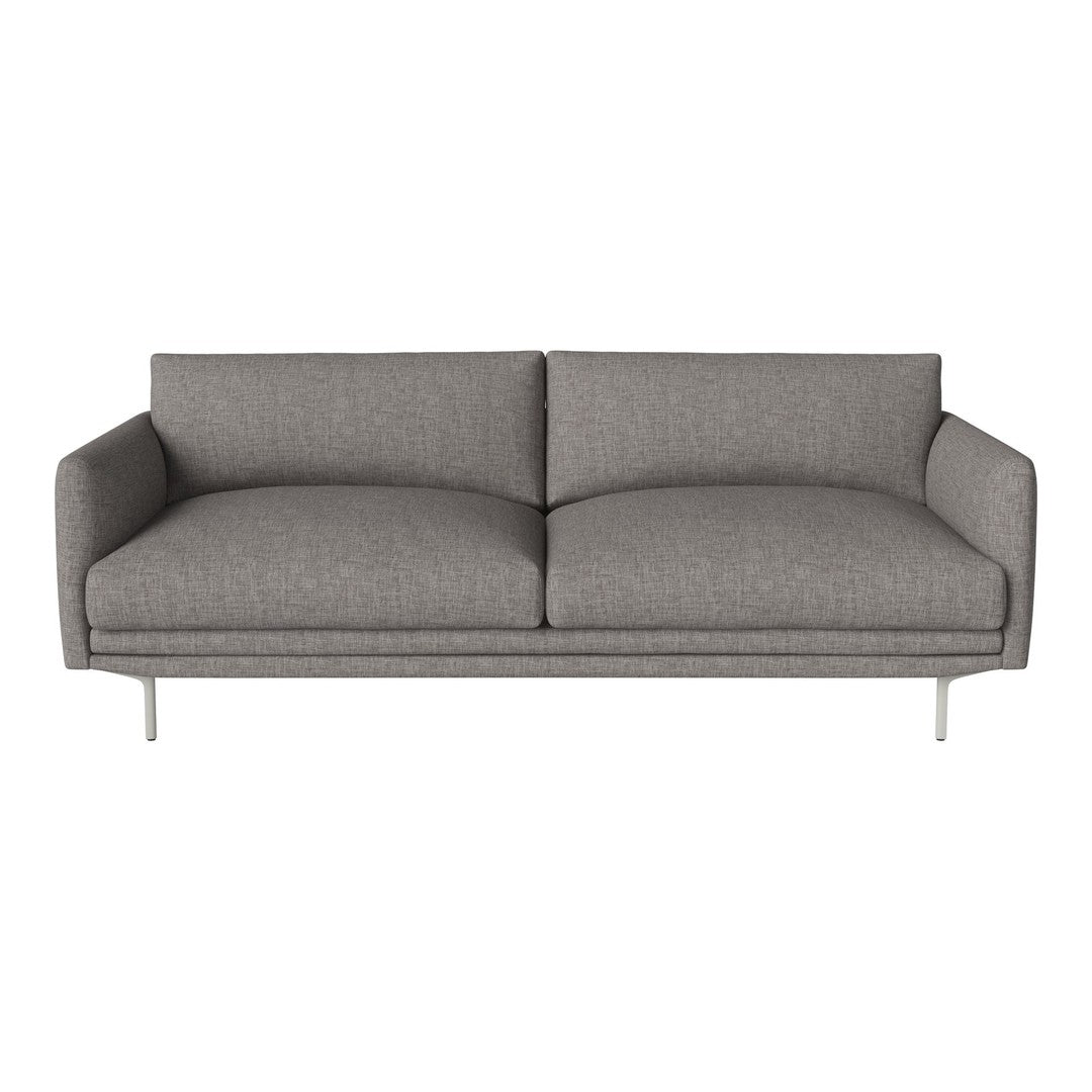 Gray upholstered sofa with a smooth texture and minimalist design, featuring clean lines and a modern look.