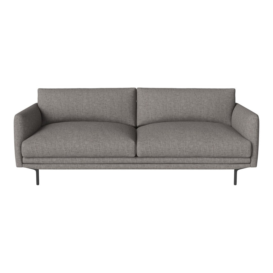 Gray mid-century modern sofa with a smooth fabric finish and sleek black metal legs.