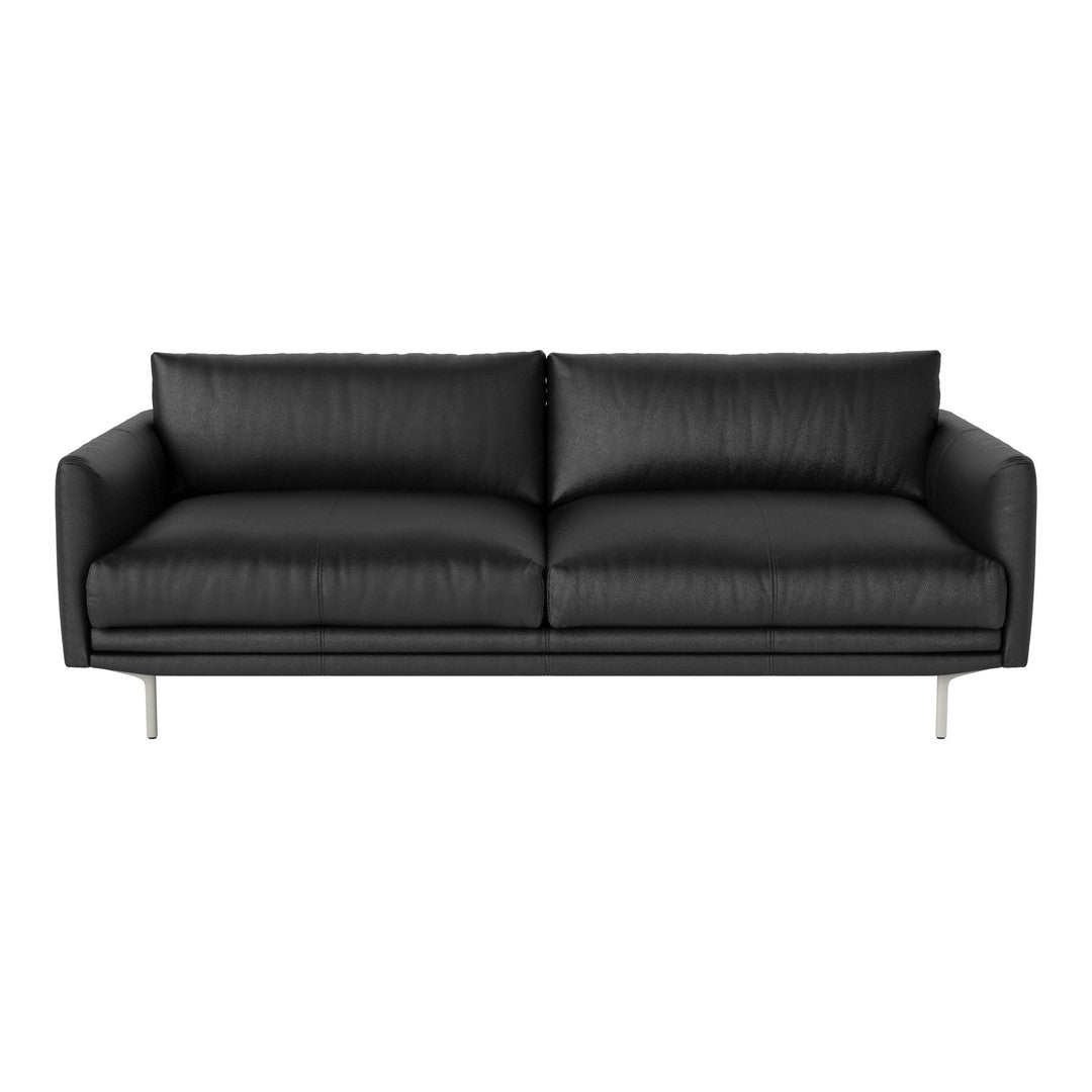 Sleek black leather sofa with a smooth texture and minimalist design, featuring polished silver legs.