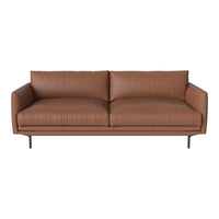 Brown leather sofa with a smooth, textured finish and streamlined design, featuring sleek black metal legs.