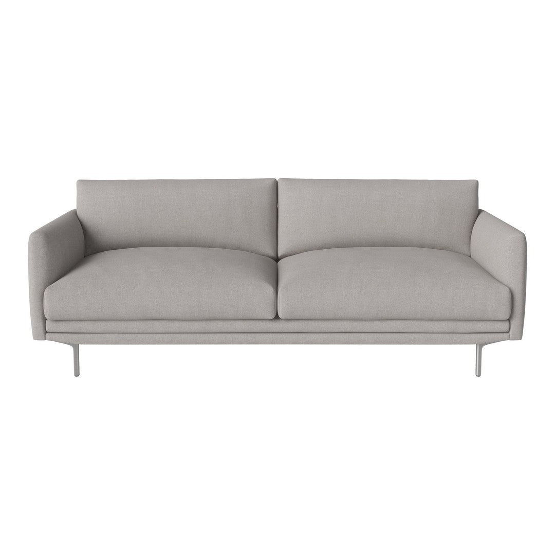 Light gray sofa with minimalist design, featuring smooth, solid fabric upholstery and sleek metal legs.