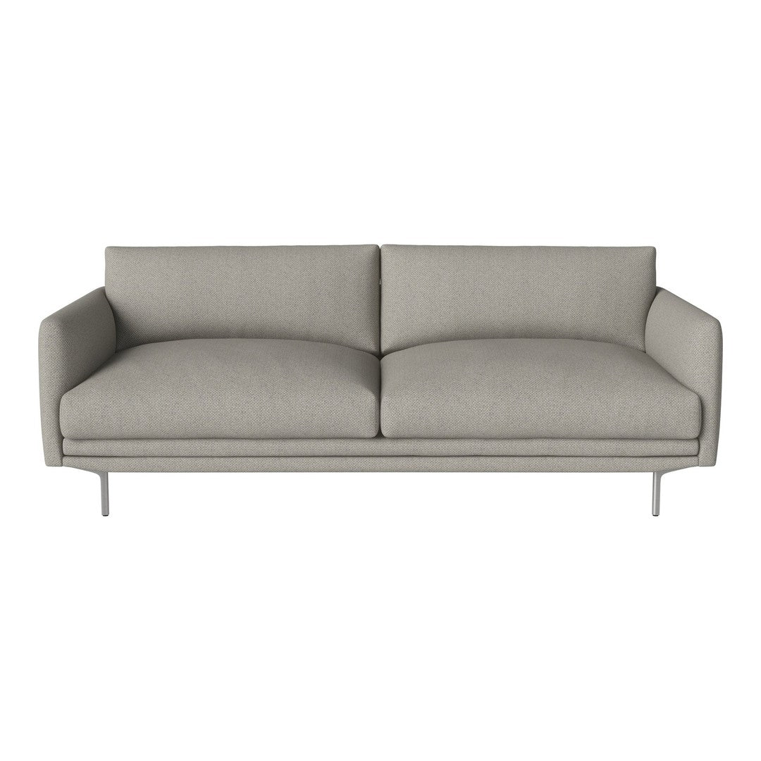 Modern light gray sofa with smooth fabric and minimalist design, featuring two plush cushions and sleek metal legs.