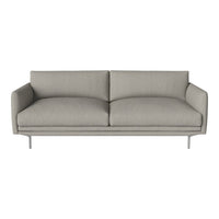 Modern light gray sofa with smooth fabric and minimalist design, featuring two plush cushions and sleek metal legs.