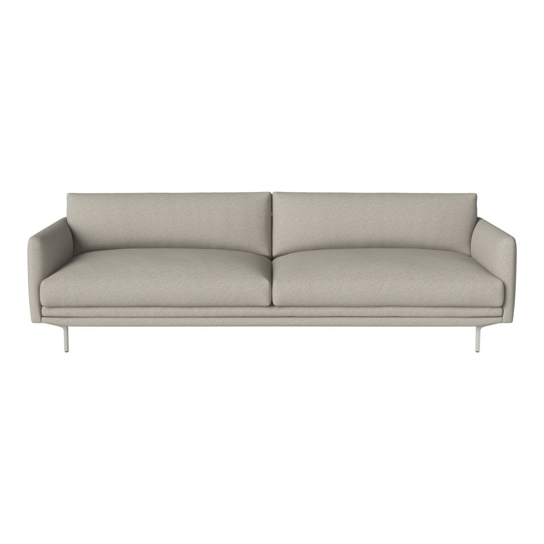 Light gray sofa with sleek, minimalist design and smooth, textured fabric, complemented by slender metal legs.