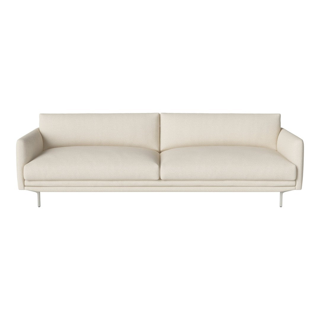Elegant cream sofa with a smooth upholstery pattern and sleek metal legs, perfect for modern interior decor.