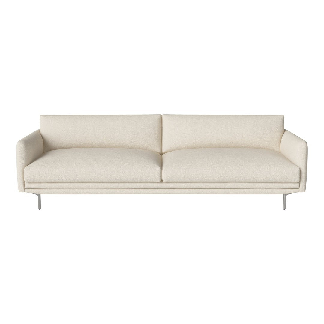 Cream-colored sofa with a smooth, minimalist design and no patterns, featuring clean lines and sleek metal legs.