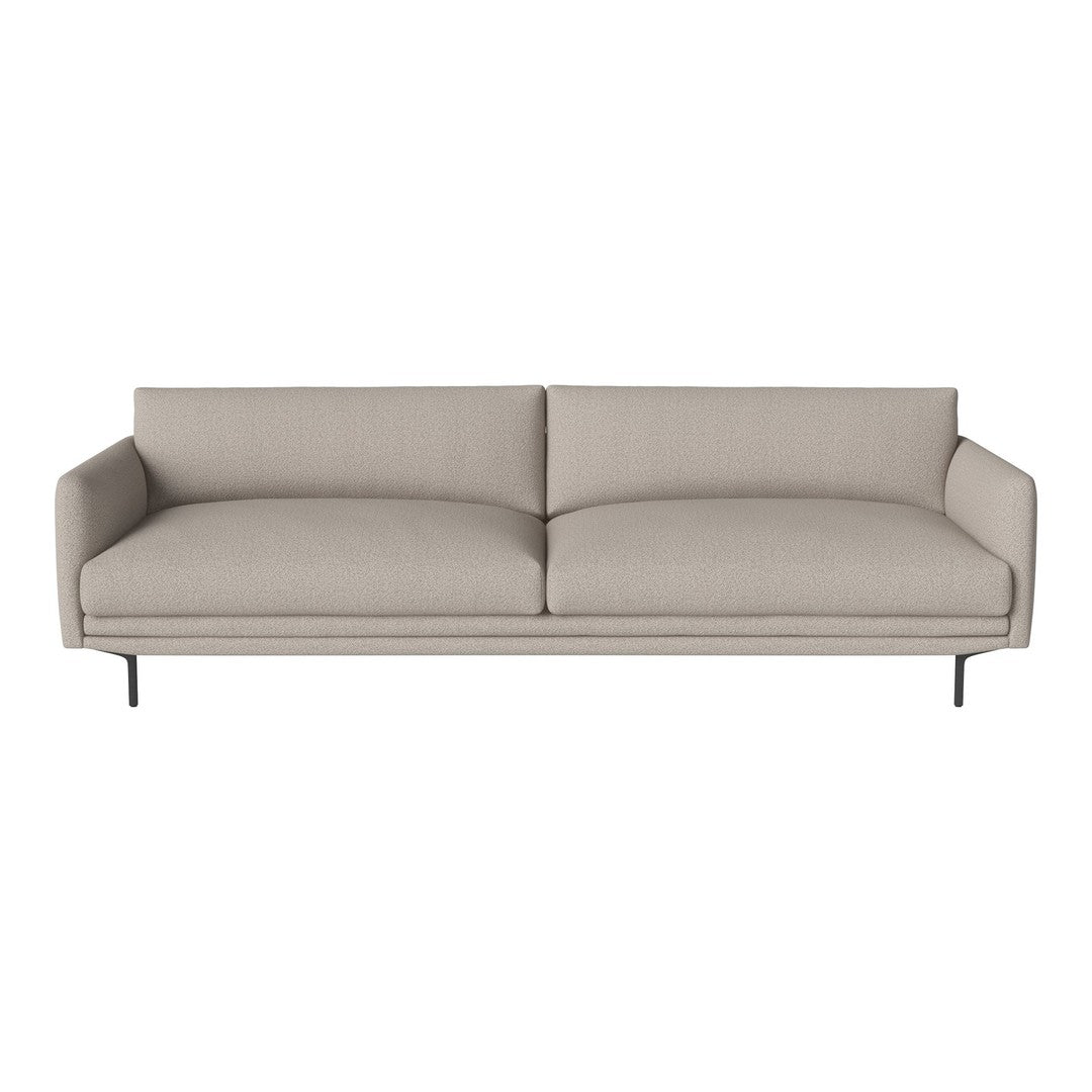 Beige upholstered sofa with clean lines and a minimalist design, featuring smooth, textured fabric and sleek metal legs.