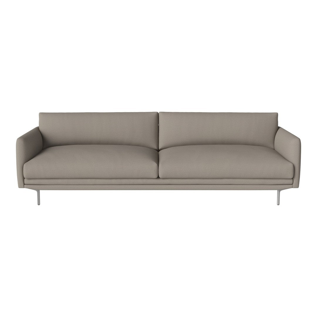Modern beige sofa with a sleek, minimalist design and clean lines. Soft upholstery and silver legs enhance elegance.