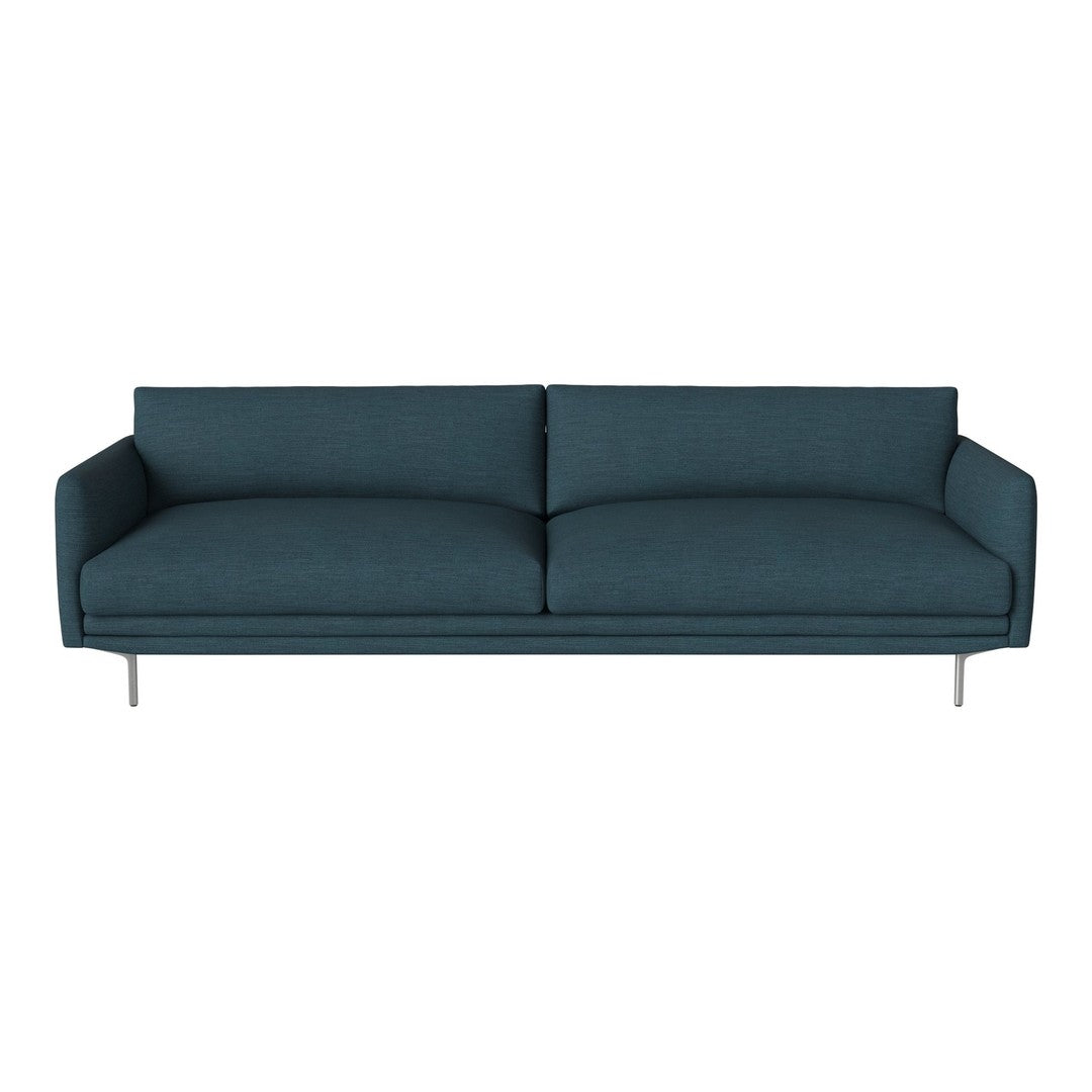 Teal upholstered sofa with a sleek, minimalist design and smooth, solid color, featuring a modern metal base.