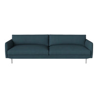 Teal upholstered sofa with a sleek, minimalist design and smooth, solid color, featuring a modern metal base.