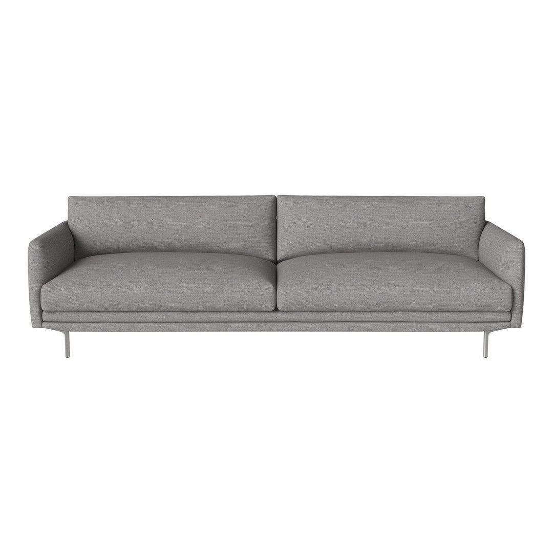 Modern gray sofa with a minimalist design, featuring solid color upholstery and sleek metal legs.