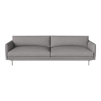 Modern gray sofa with a minimalist design, featuring solid color upholstery and sleek metal legs.