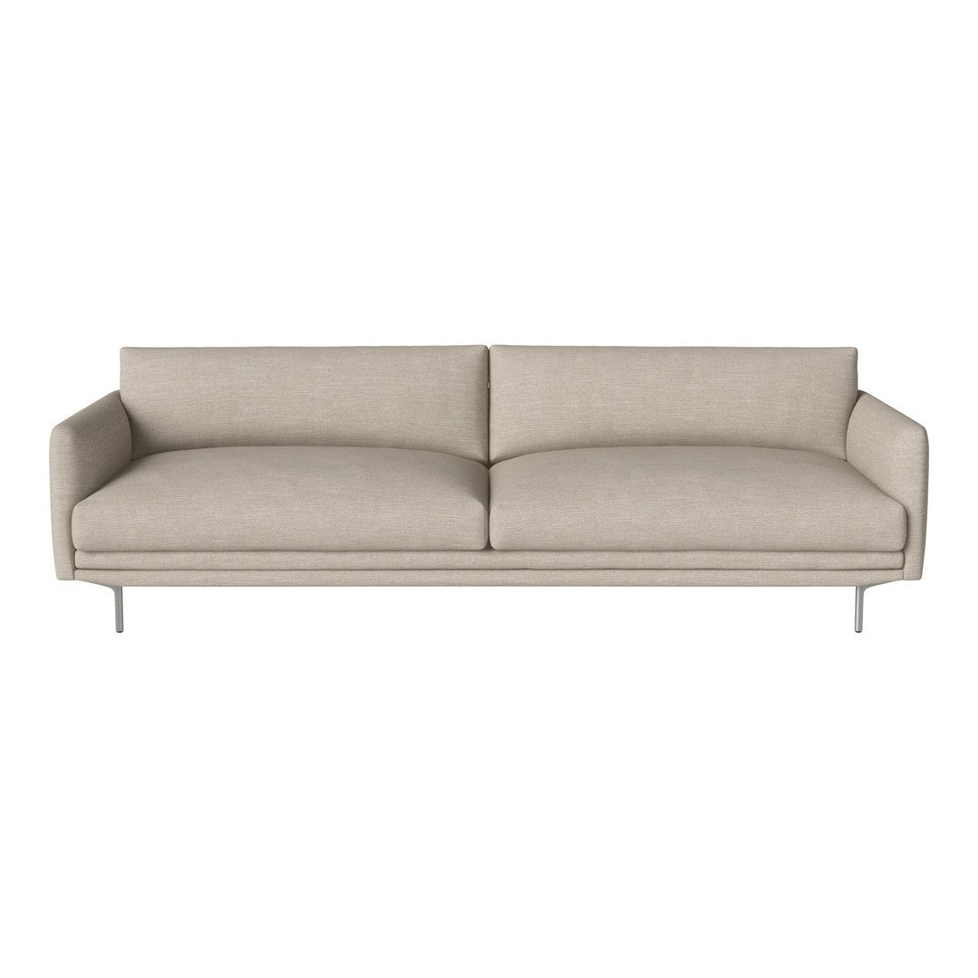 Light beige sofa with a smooth, minimalist design and clean lines, featuring a soft fabric upholstery.
