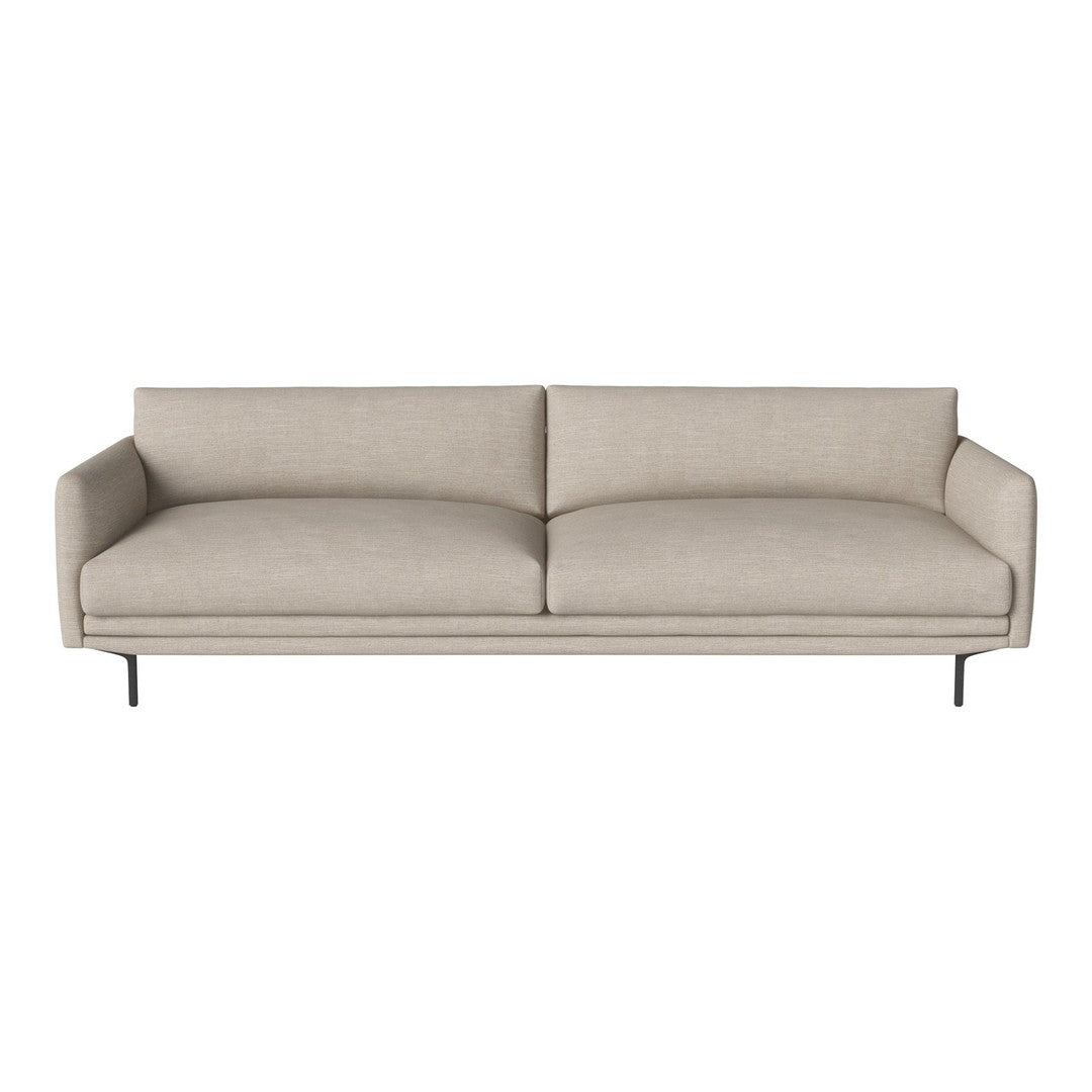 Light beige modern sofa with smooth fabric and sleek metal legs, featuring a minimalist design and clean lines.