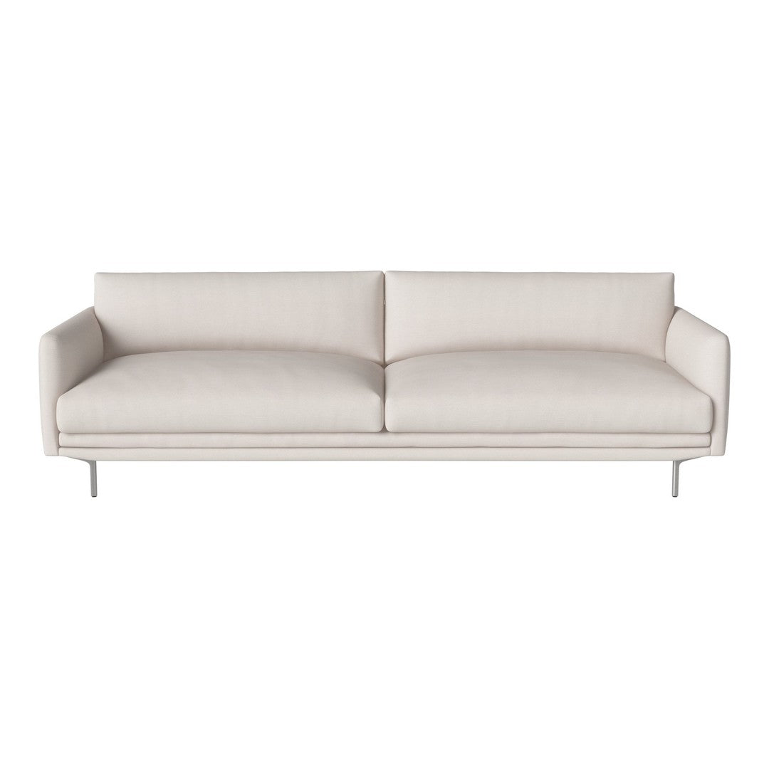 Modern beige sofa with a sleek design, featuring a subtle texture and clean lines on silver legs.