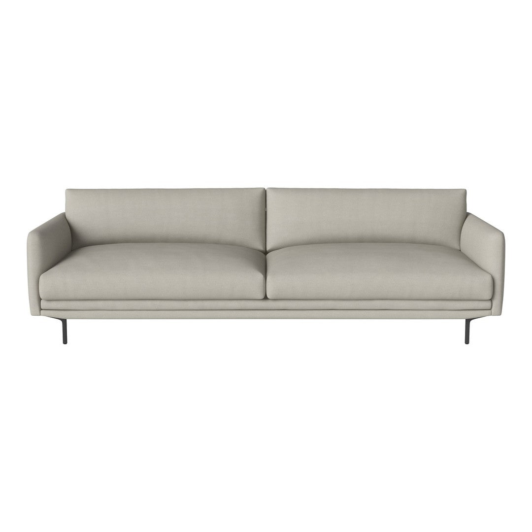 Light grey upholstered sofa with a sleek, modern design and smooth fabric texture, featuring minimalist lines.