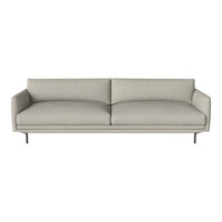 Light grey upholstered sofa with a sleek, modern design and smooth fabric texture, featuring minimalist lines.