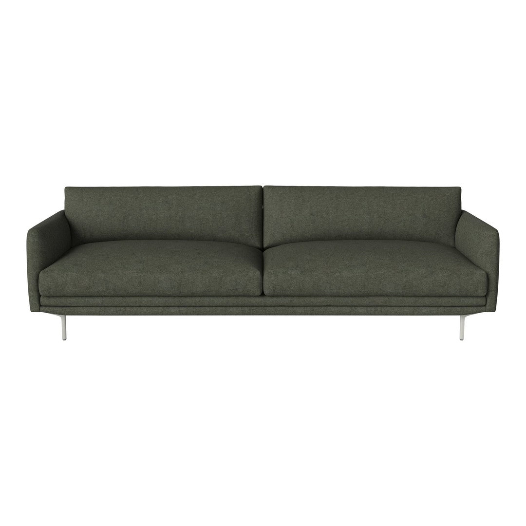Modern green sofa with a minimalist design and smooth, textured upholstery, featuring sleek silver legs.