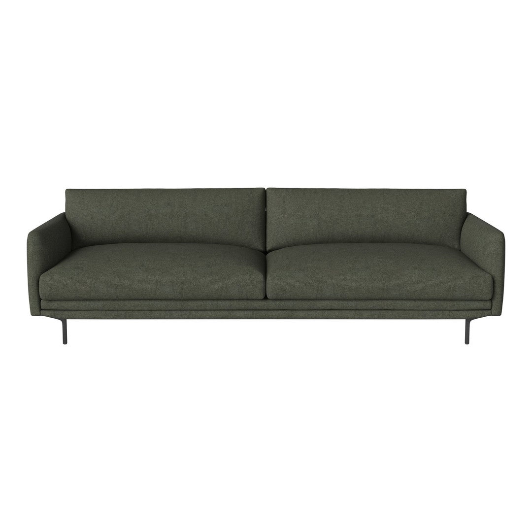 "Modern green upholstered sofa with a sleek, minimalist design and comfortable cushions."