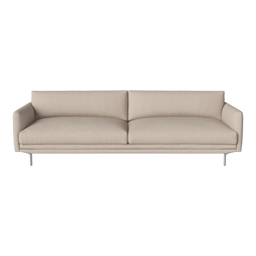 Beige minimalist sofa with smooth fabric and clean lines, featuring a modern metal frame for a sleek look.