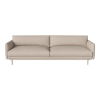 Beige minimalist sofa with smooth fabric and clean lines, featuring a modern metal frame for a sleek look.
