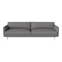 Gray upholstered sofa with a modern design, featuring clean lines and a minimalist pattern.